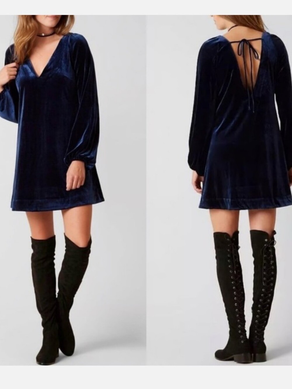 Free People Women's Velvet V-Neck Long-Sleeve Dress - Navy